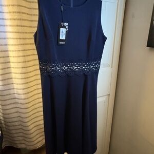 Chaps Navy Blue Sleeveless Dress with Lace Detail